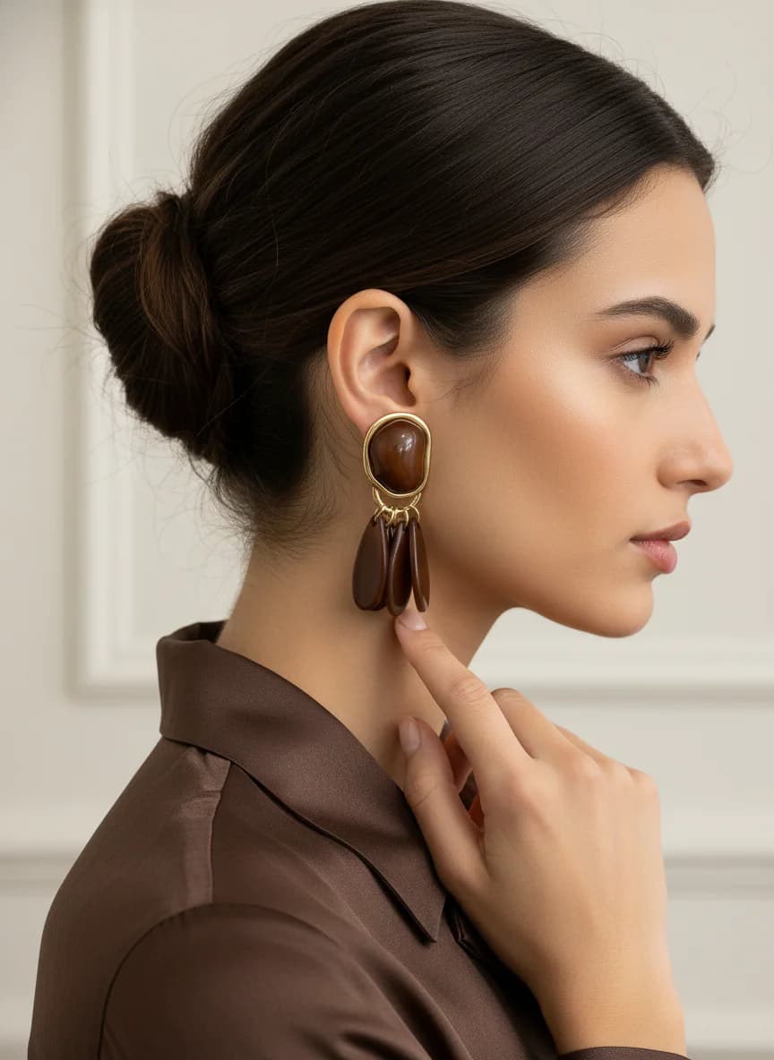 Altın Tonlu Kahverengi Sallantılı Modern Kadın Küpe