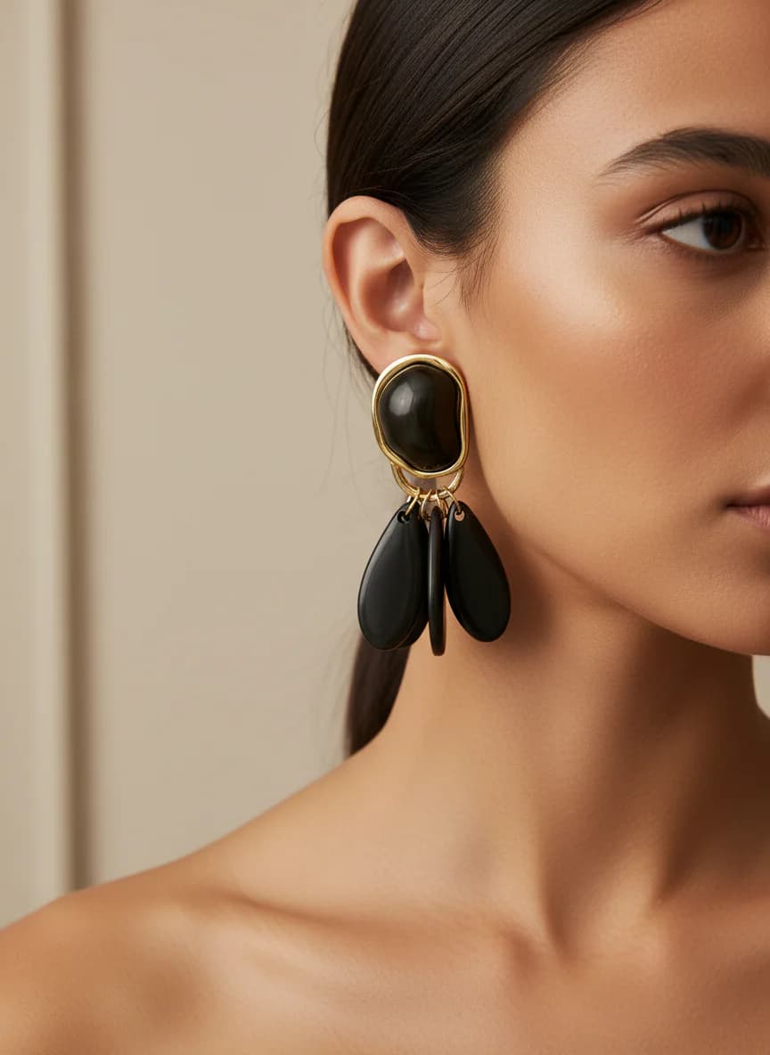 Altın Detaylı Siyah Damla Kadın Küpesi