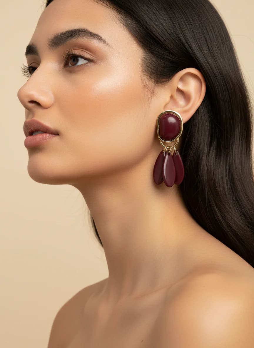 Zarif Bordo Altın Detaylı Sallantılı Kadın Küpe