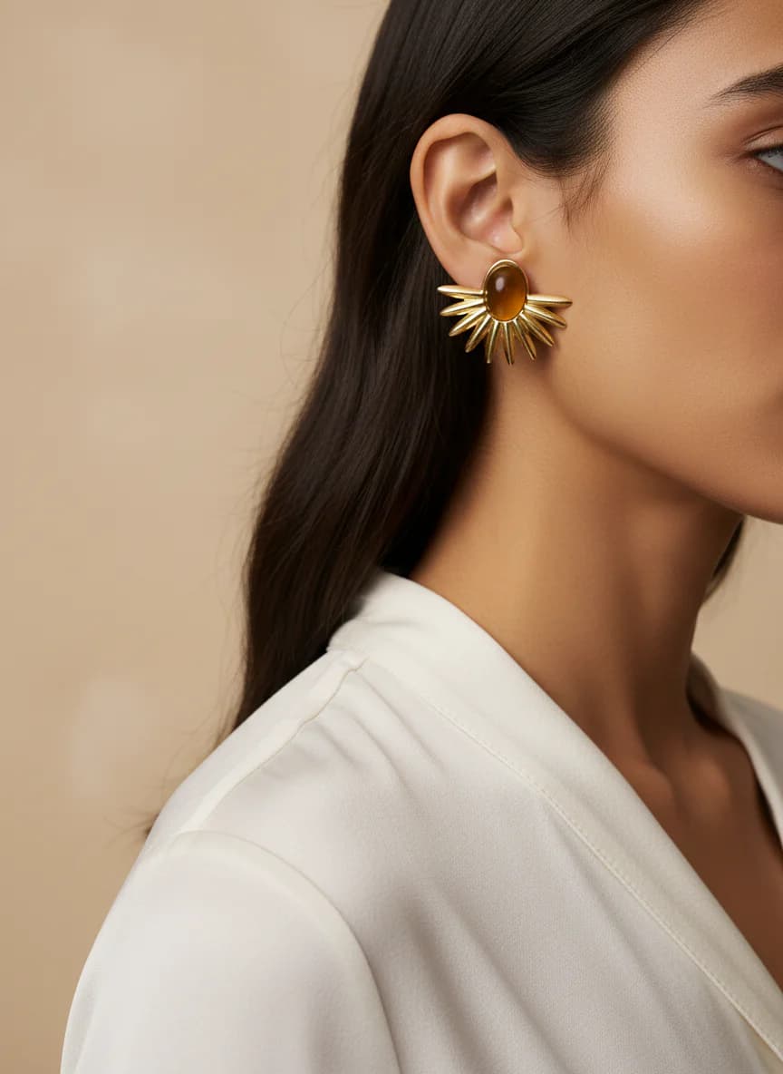 Altın Rengi Kehribar Taşlı Modern Çiçek Küpe