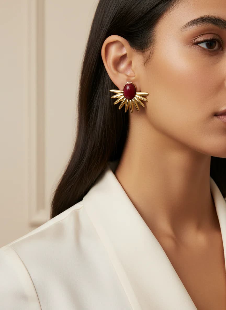 Altın Renk Kırmızı Taşlı Güneş Çiçeği Tasarım Küpe