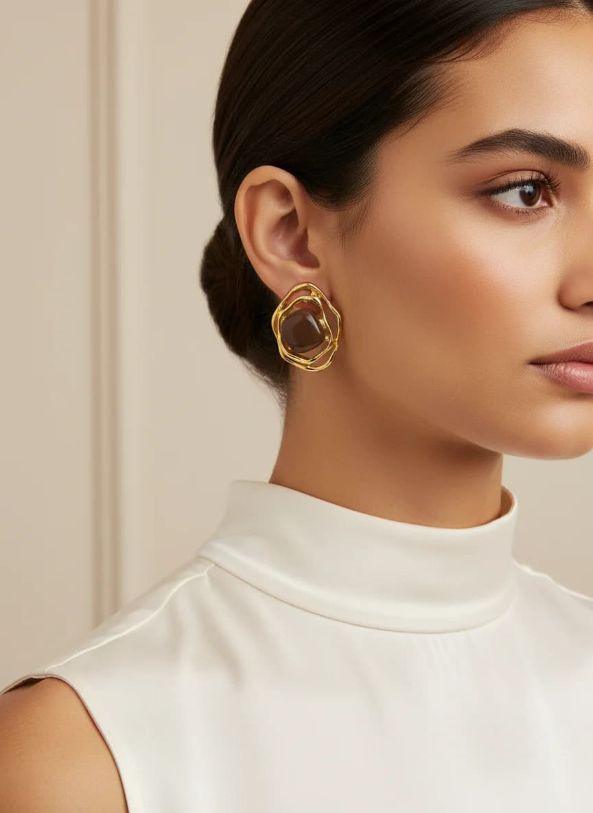 Modern Altın Rengi Kahverengi Formlu Taşlı Küpe