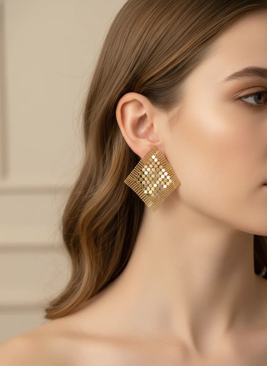 Altın Rengi Pullu ve File Detaylı Geniş Sallantılı Küpe