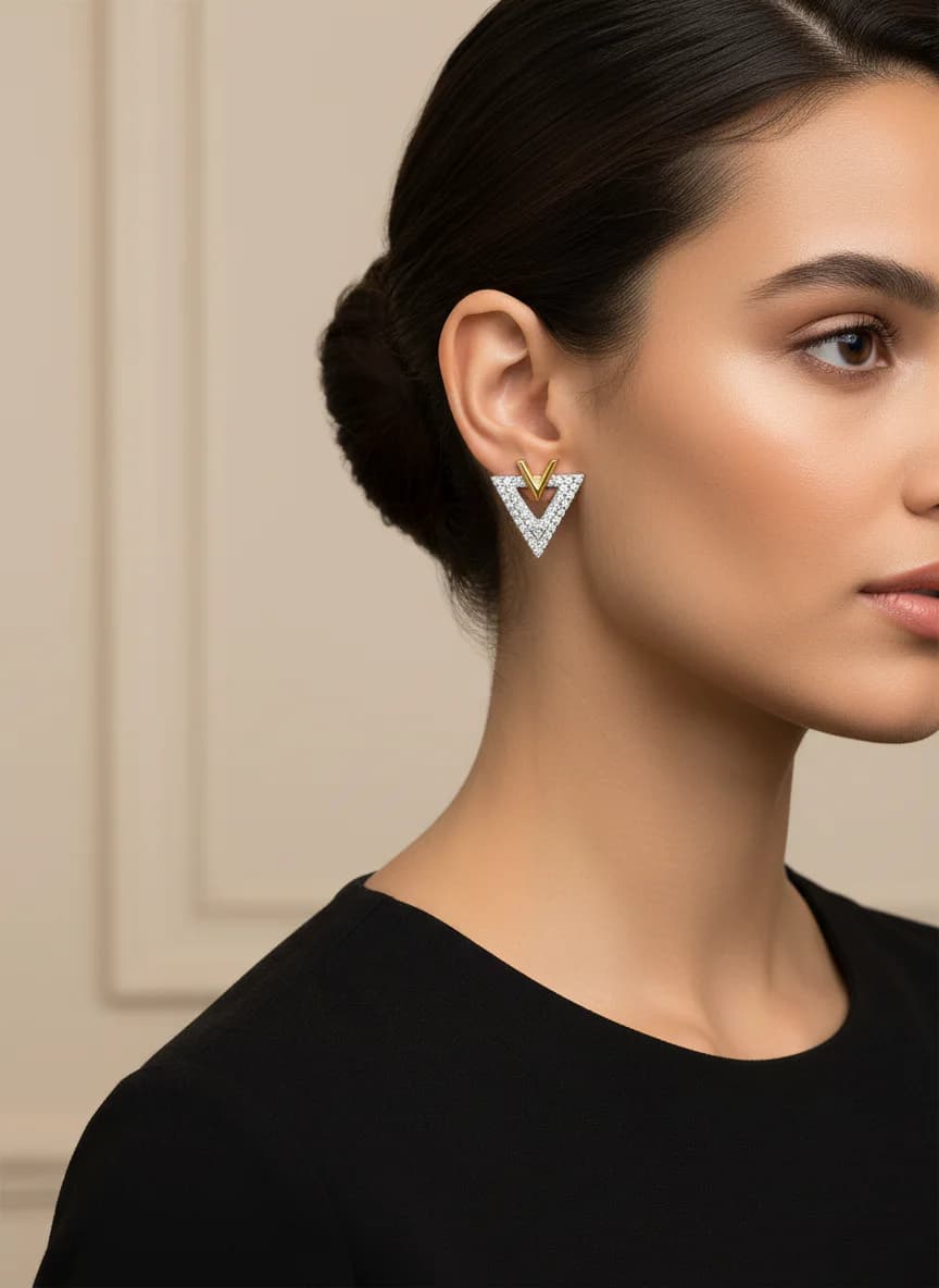 Modern Gold ve Zirkon Taşlı V Küpe