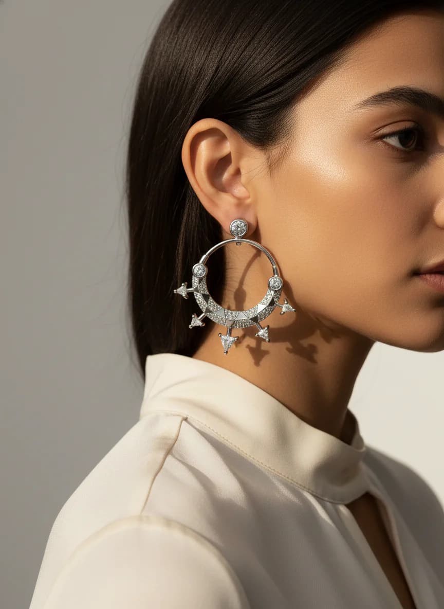 Şık Zirkon Taşlı Yarım Halka Sallantılı Gümüş Renk Küpe