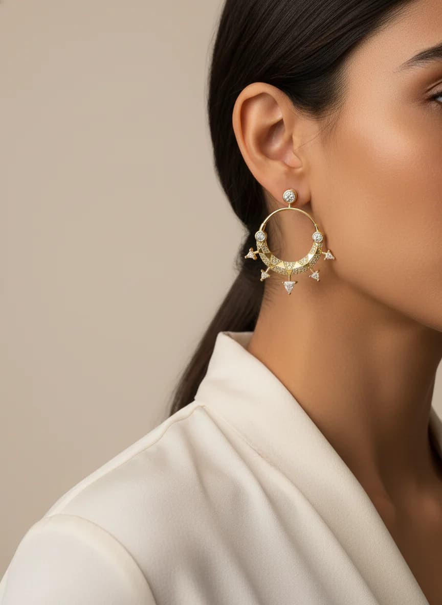 Altın Rengi Zirkon Taşlı Kavisli Sallantılı Halka Küpe