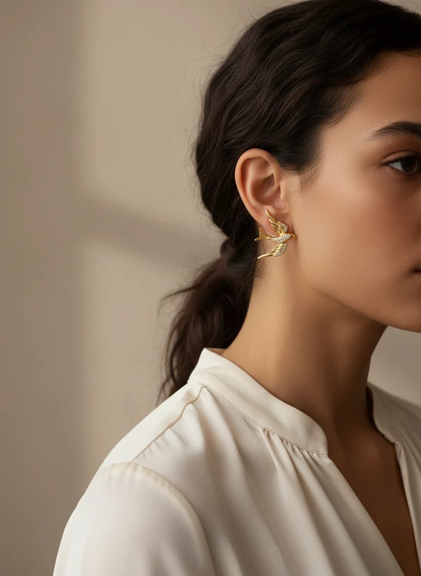 Pırıltılı Kırlangıç Tasarım Altın Rengi Küpe