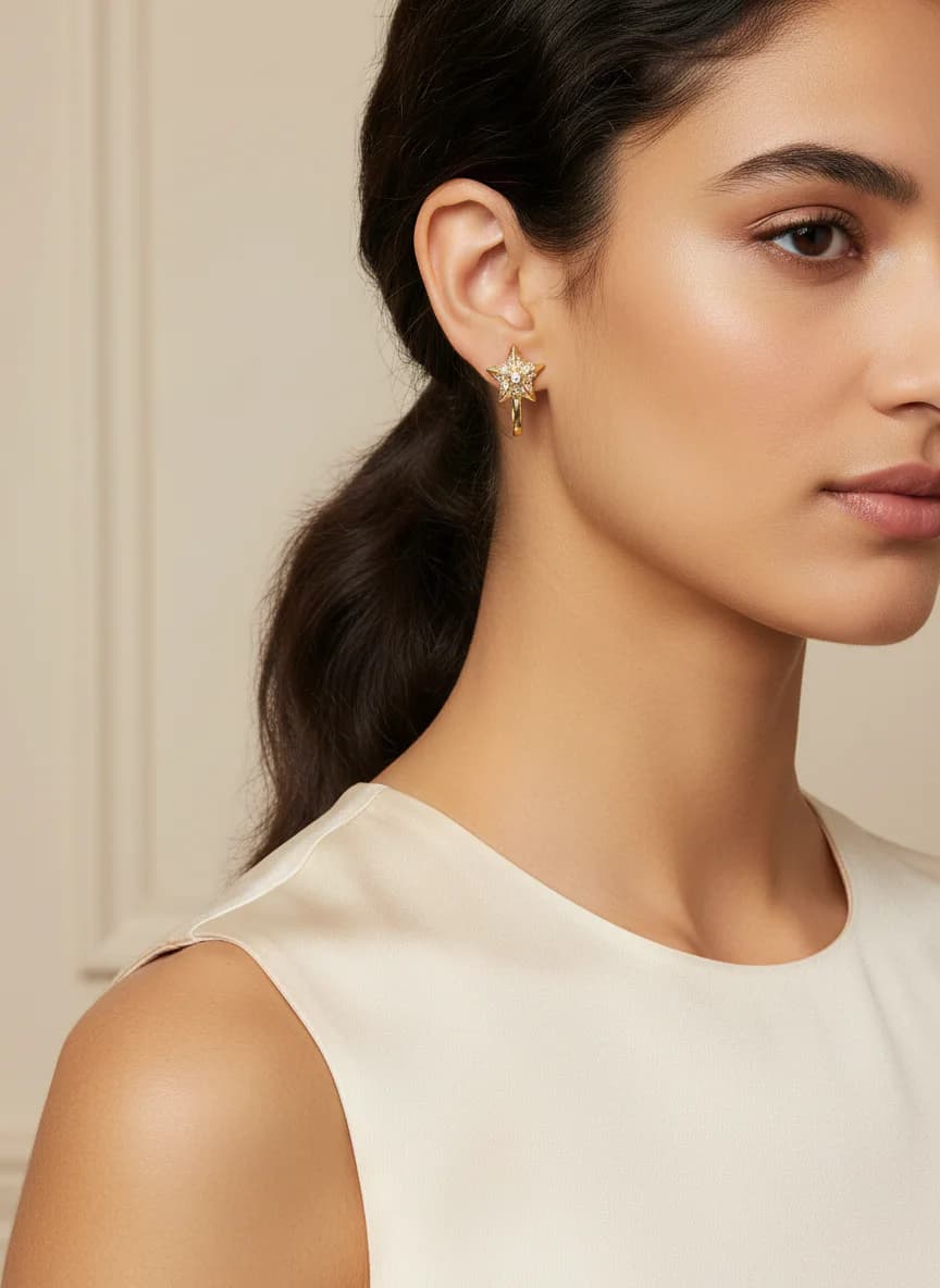 Yıldızlı Zirkon Taşlı Altın Rengi Halka Küpe