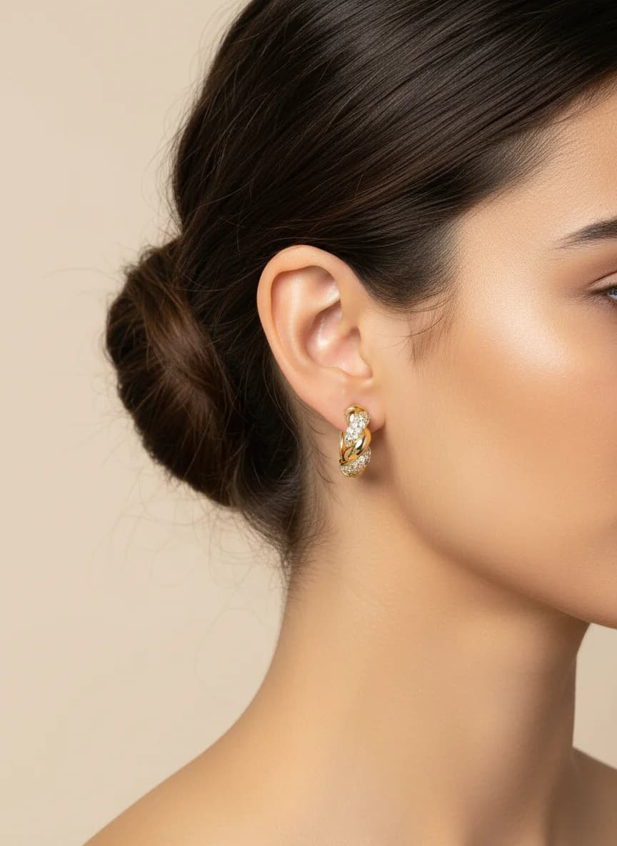 Burgulu Taşlı Altın Rengi Halka Küpe - Zarif ve Şık