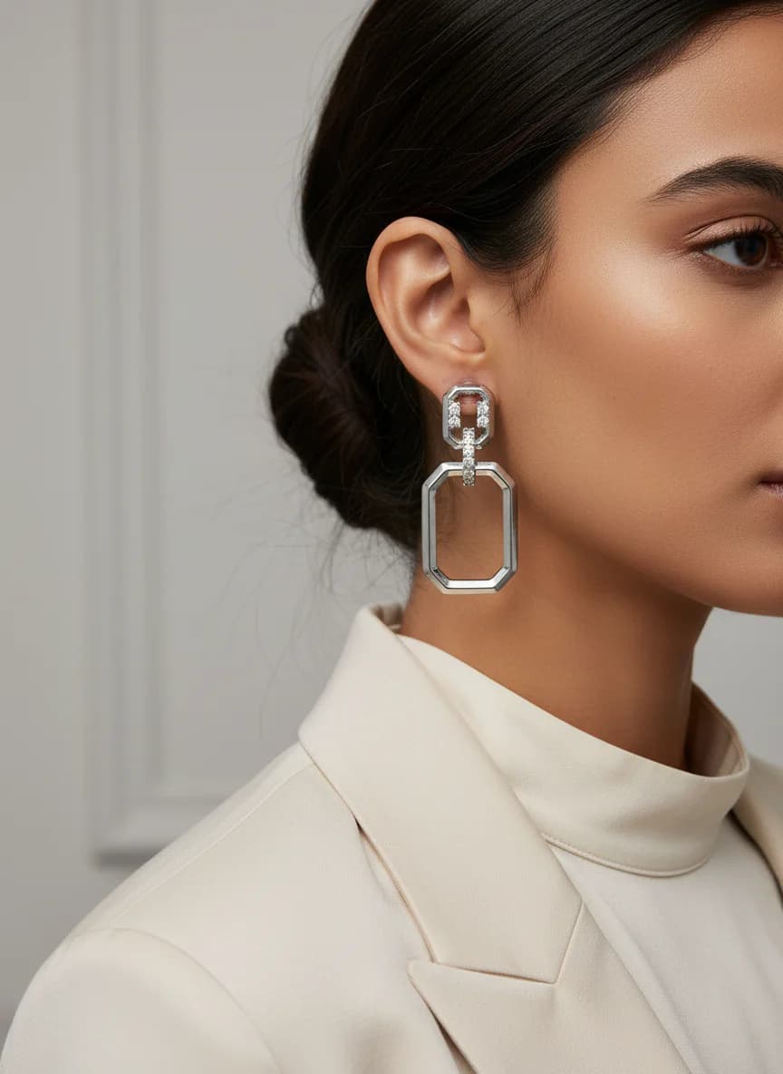 Geometrik Taşlı Gümüş Renkli Sallantılı Küpe