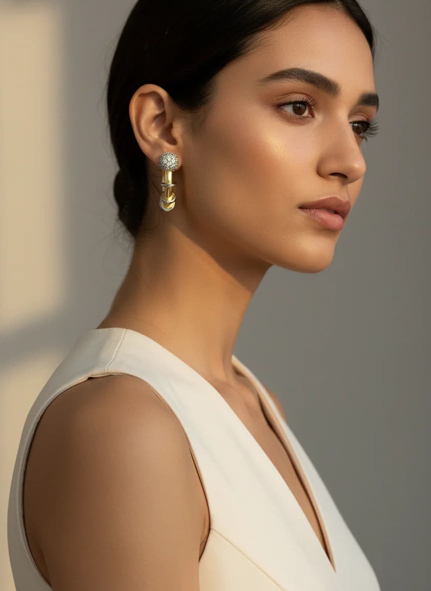 Altın Gümüş Detaylı Taşlı Şık Halkalı Küpe