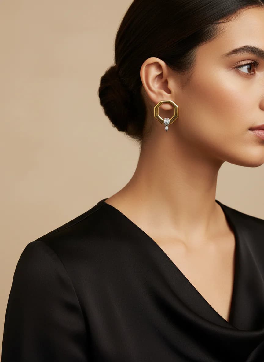 Altın Sekizgen Zirkon Taşlı Sallantılı Küpe