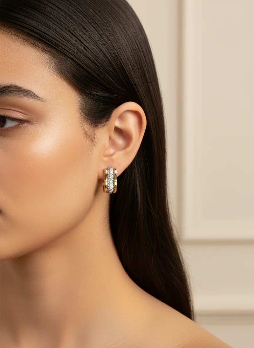 Altın Rengi Taşlı Üçlü Halka Küpe - Şık & Parlak