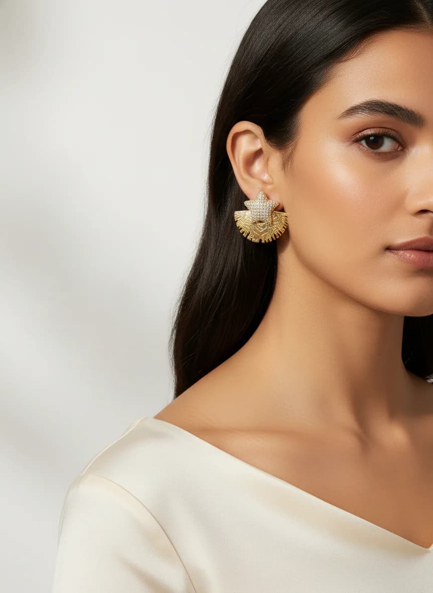 Yıldız ve Yelpaze Tasarımlı Altın Rengi Zirkon Taşlı Küpe