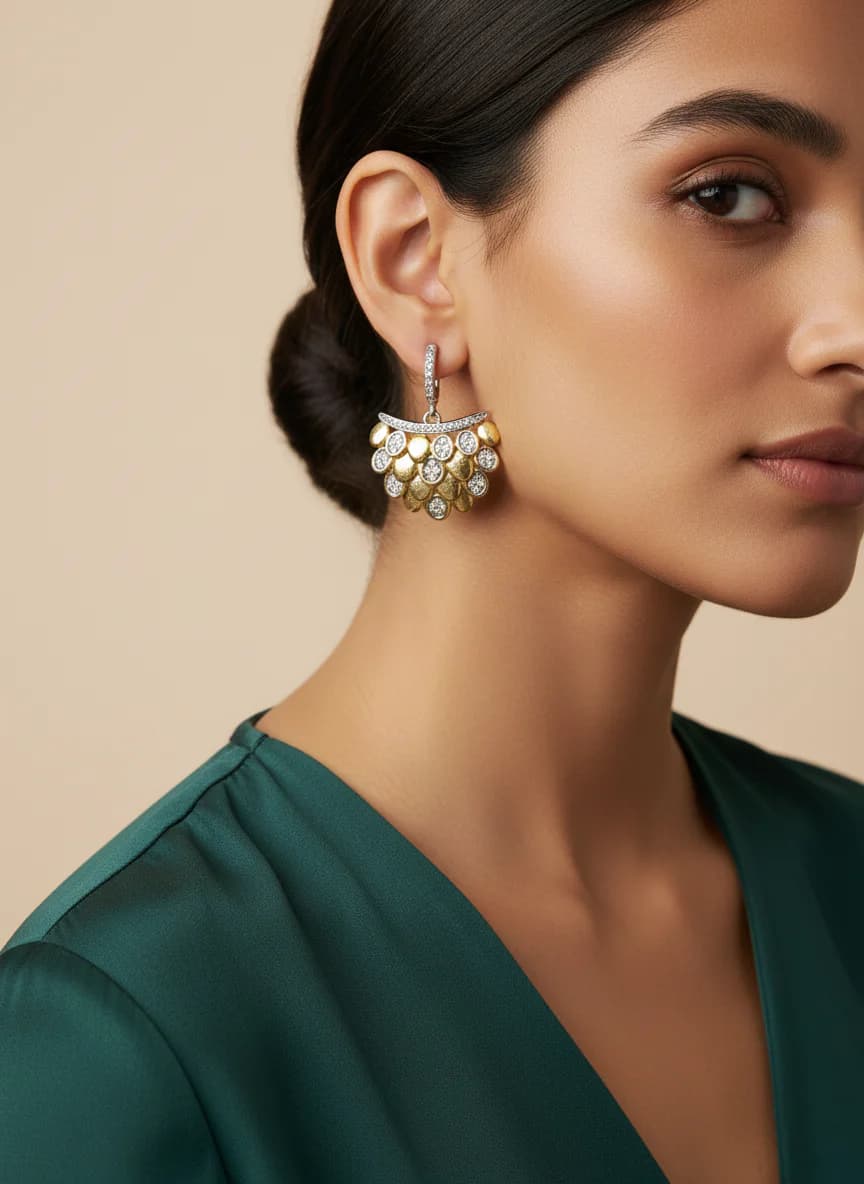 Altın Rengi Taşlı Yaprak Detaylı Sallantılı Küpe