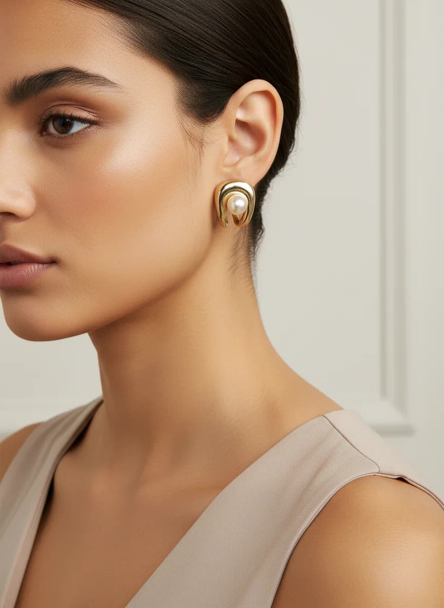 Altın Rengi İnci Detaylı Modern C Halka Küpe