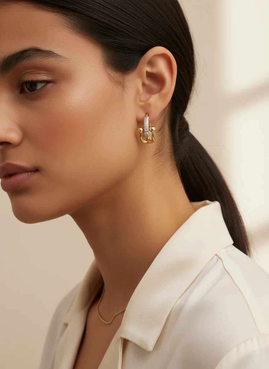 Işıltılı Taşlı ve Top Detaylı Gold Küpe