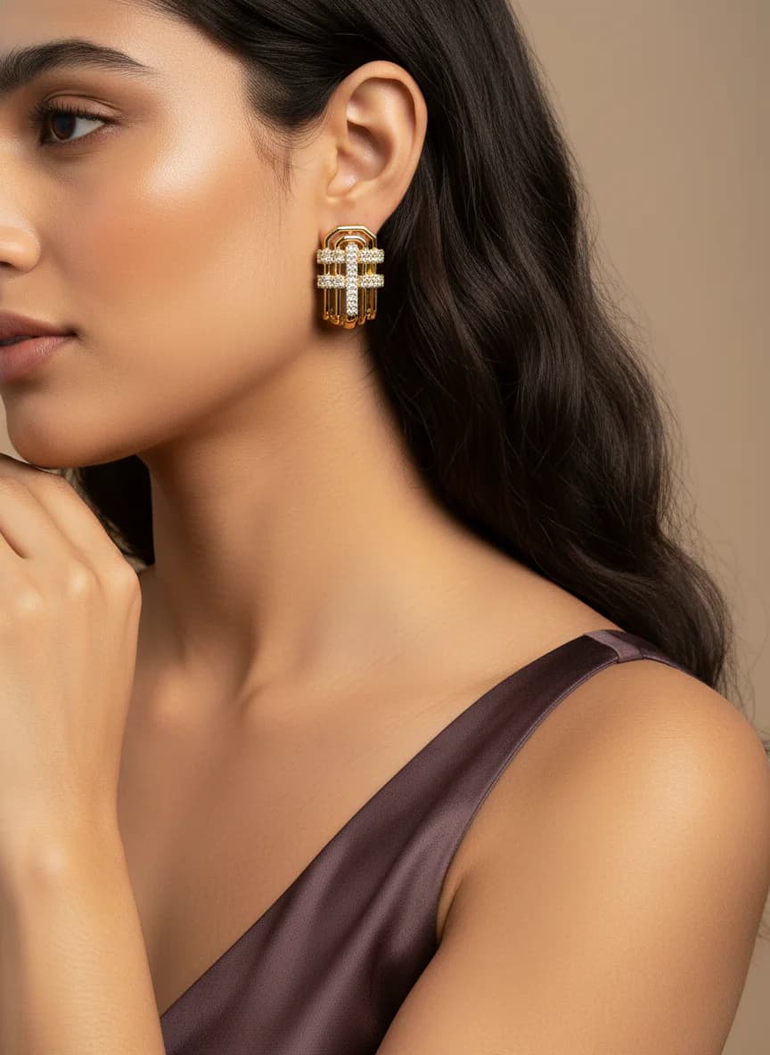 Altın Rengi Taşlı Halka Küpe - Modern Zirkon Detaylı