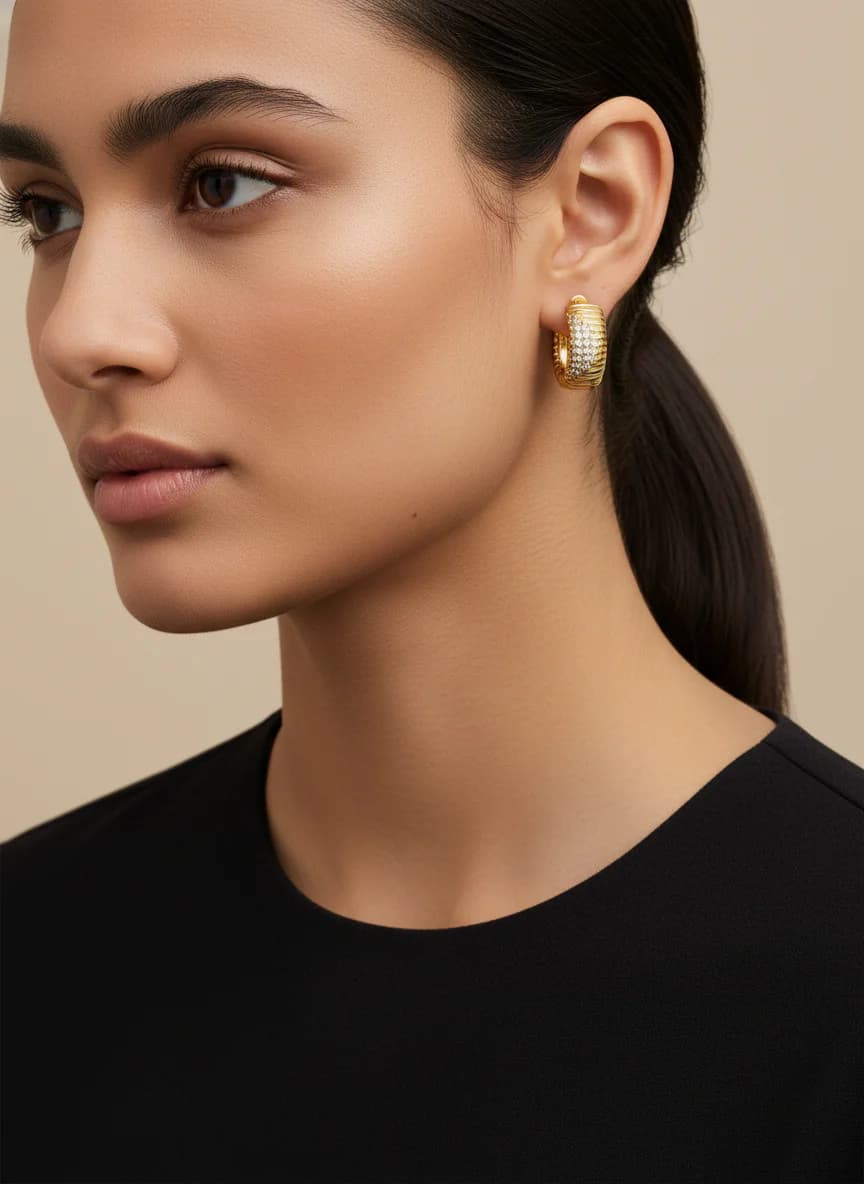 Altın Renk Zirkon Taşlı Halka Küpe | Kadın Şık Küpe