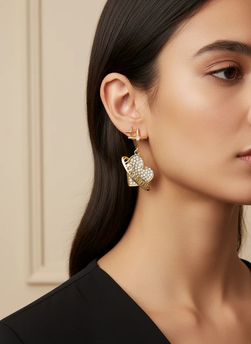 My Star Kalp Yıldız Zirkon Taşlı Altın Rengi Sallantılı Küpe