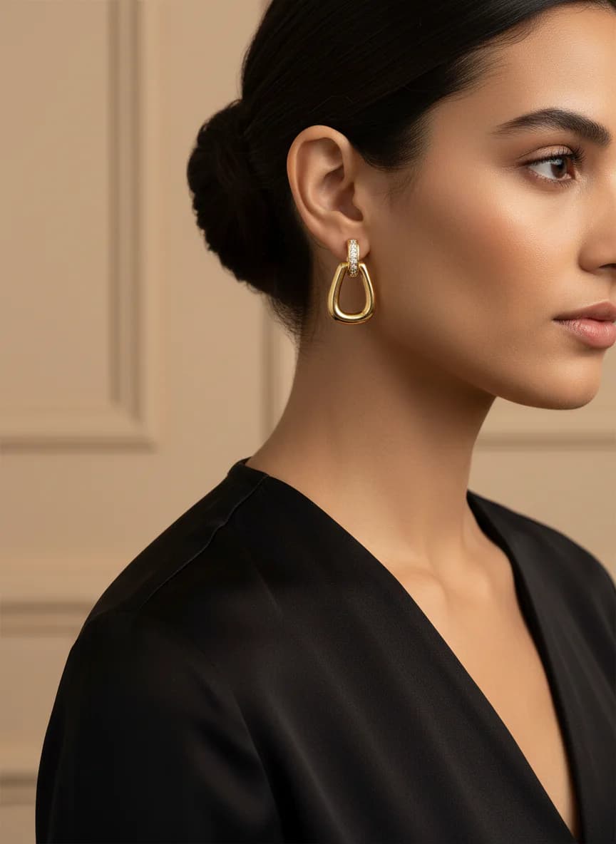 Zirkon Taşlı Gold Rengi İki Katlı Minimalist Küpe