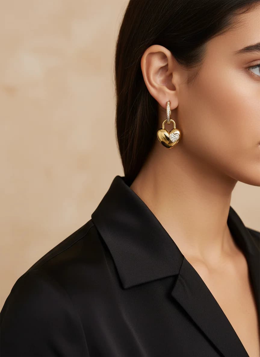 Gold Rengi Taşlı Kalp Tasarım Halka Küpe