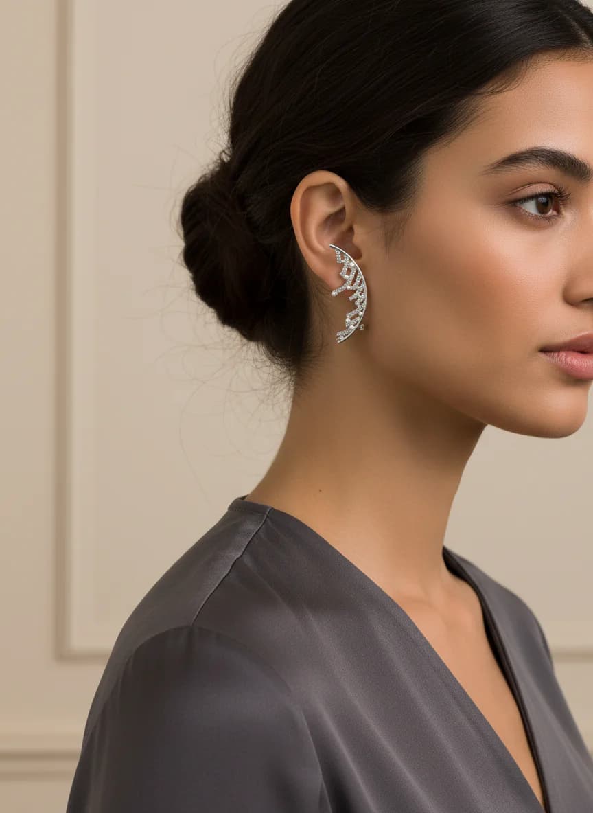 İncili Zirkon Taşlı Gümüş Yaprak Kıkırdak Tırmanıcı Küpe