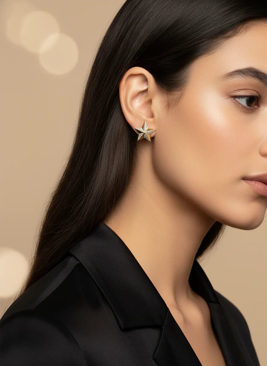 Altın Rengi ve Zirkon Taşlı Parlak Yıldız Küpe