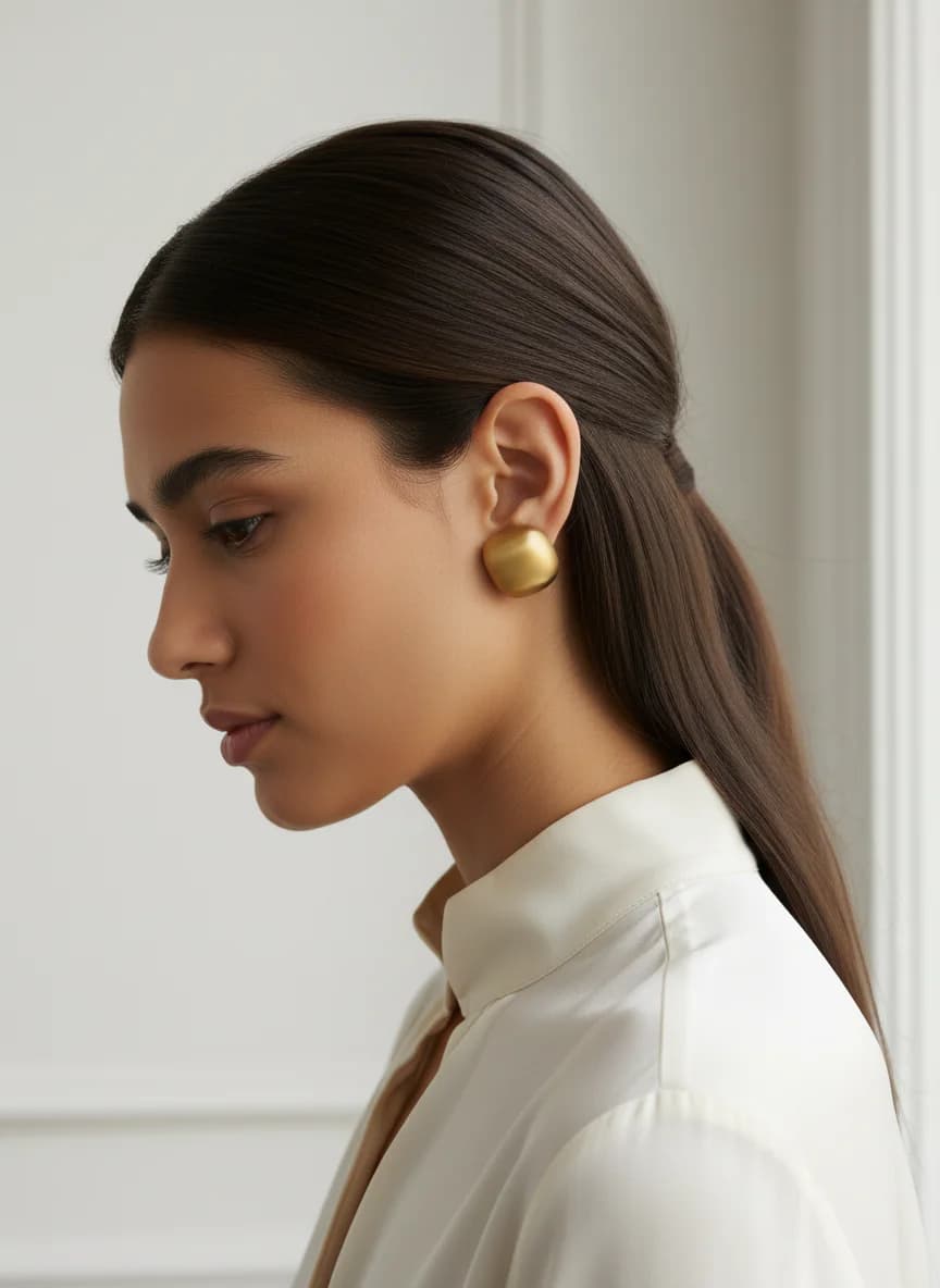 Modern Altın Görünümlü Bombeli Kare Küpe