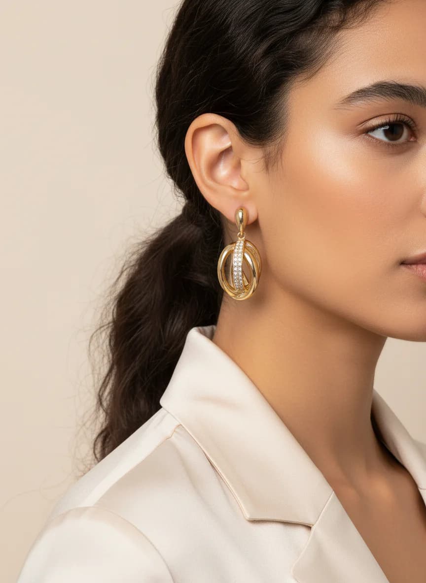 Altın Rengi İç İçe Taşlı Halka Küpe