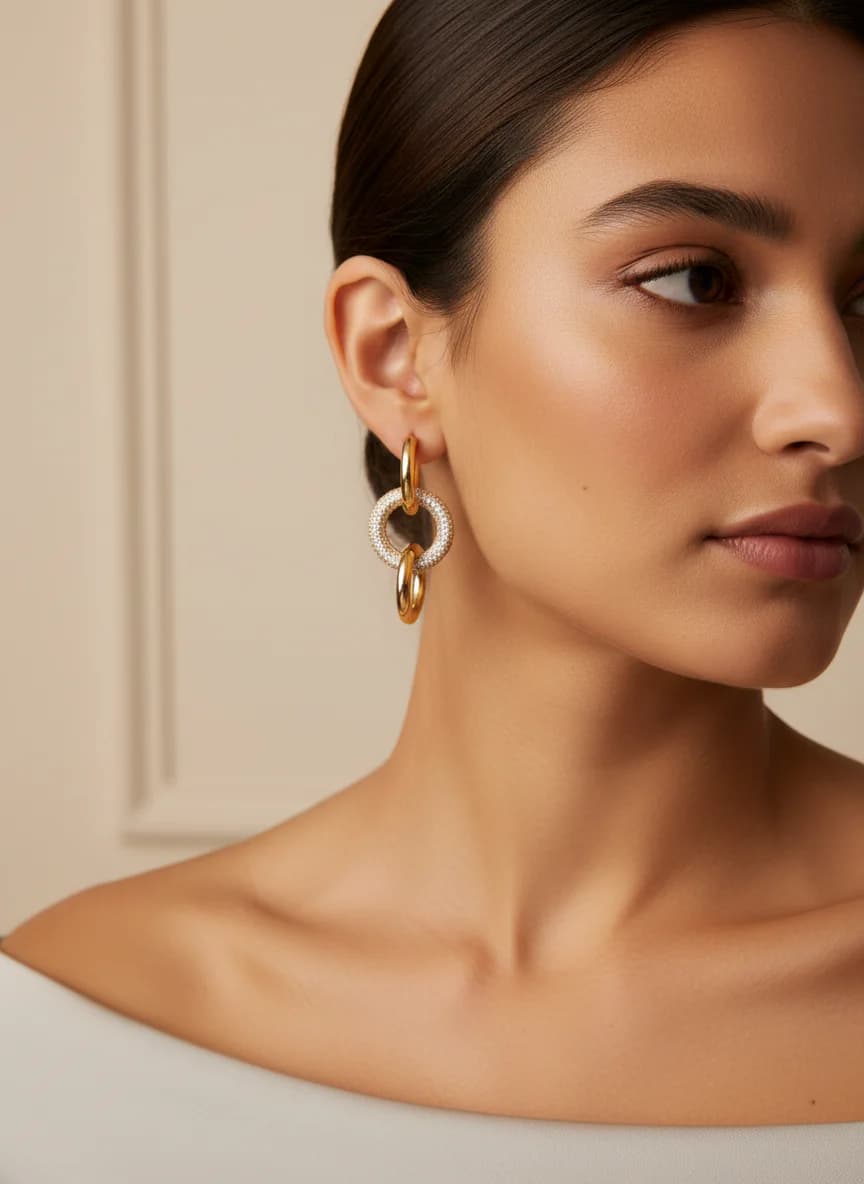 Zirkon Taşlı Gold Renk Üçlü Halka Sallantılı Küpe