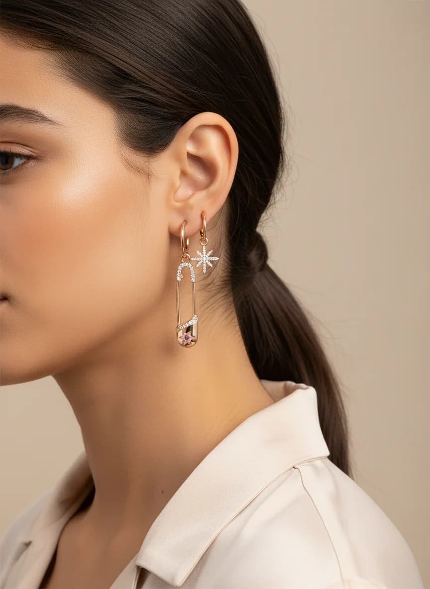 Asimetrik Altın Rengi Yıldız & Çengel İğne Taşlı Küpe