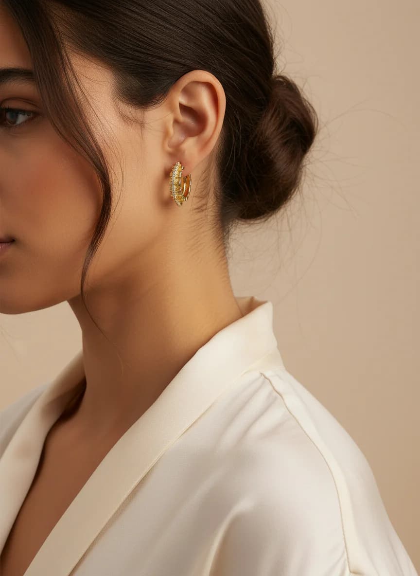 Gold Rengi Zirkon Taşlı Modern Huggie Halka Küpe