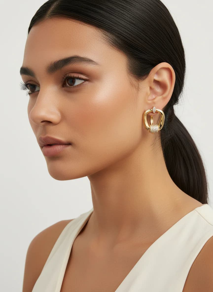 Altın Rengi Taşlı Modern Halka Küpe