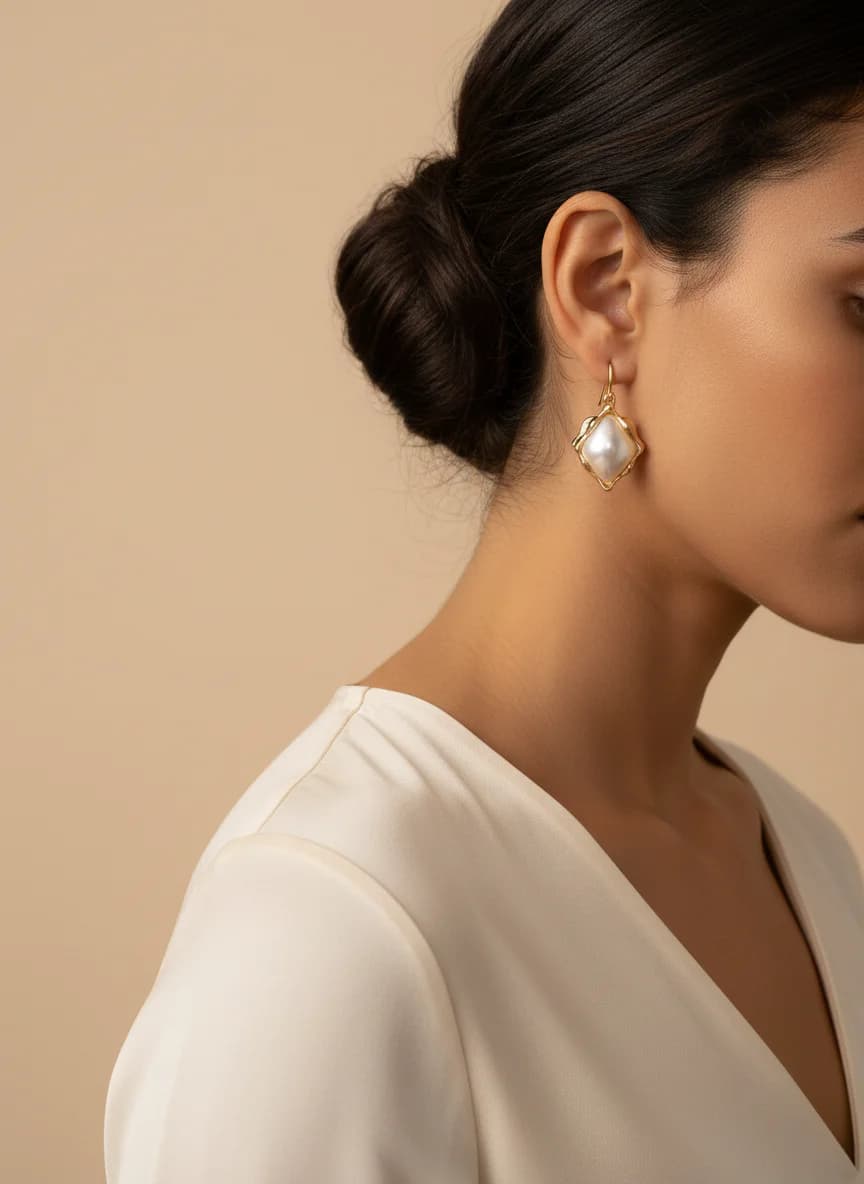 Kare İnci Detaylı Altın Kaplama Zarif Küpe