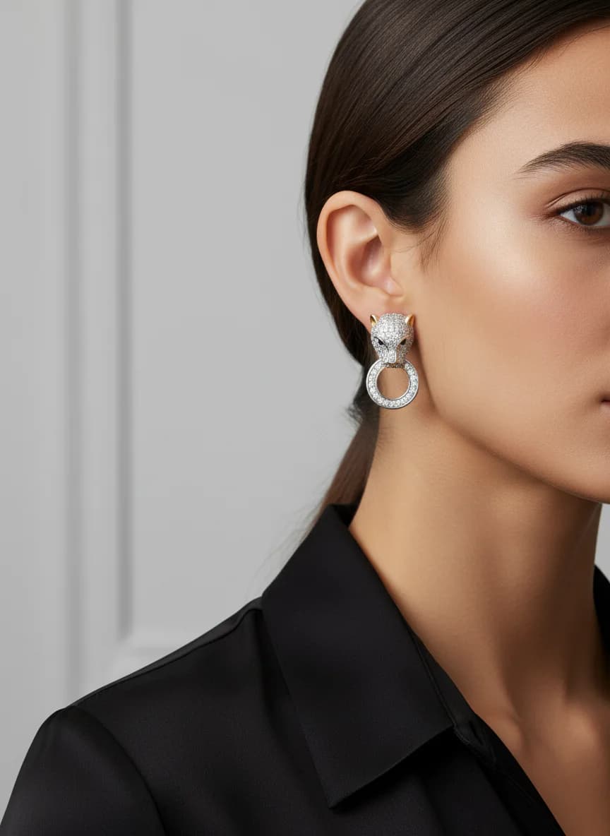 Panter Başlı Zirkon Taşlı Sallantılı Gümüş Renk Küpe