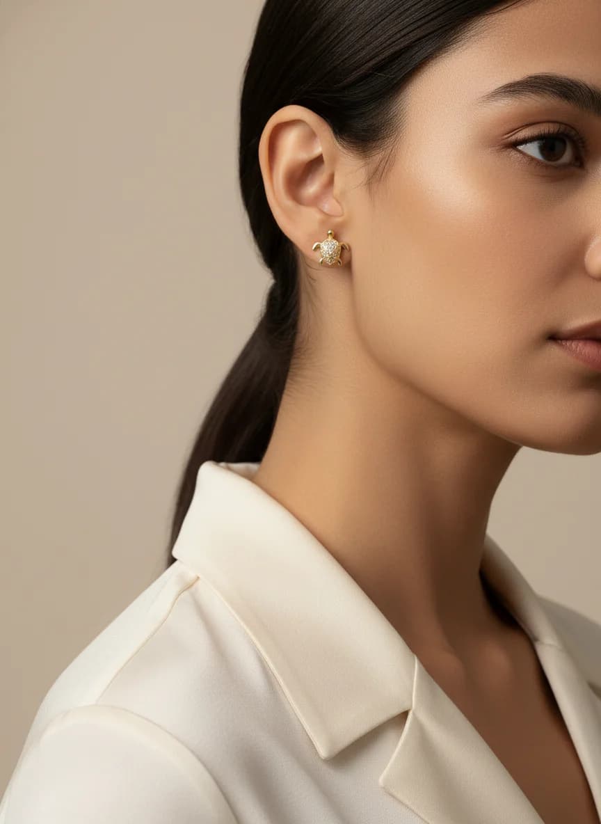 Altın Renk Zirkon Taşlı Deniz Kaplumbağası Küpe