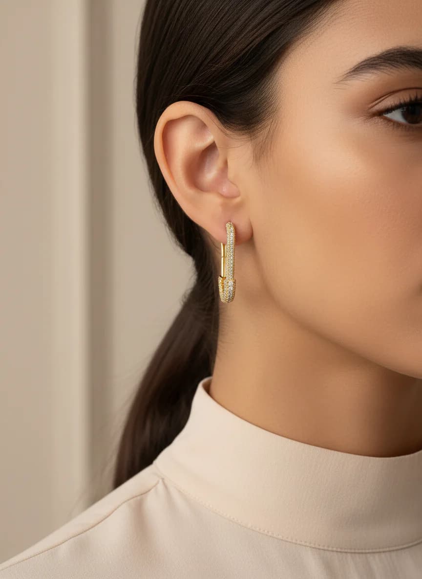 Zirkon Taşlı Altın Rengi Çengelli İğne Küpe