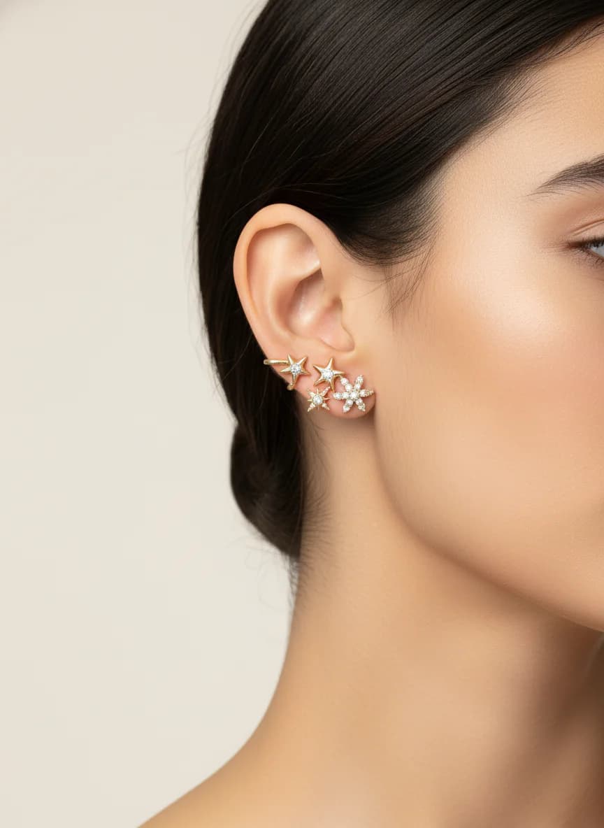 Gold Rengi Asimetrik Yıldız Küpe Seti Zirkon Taşlı