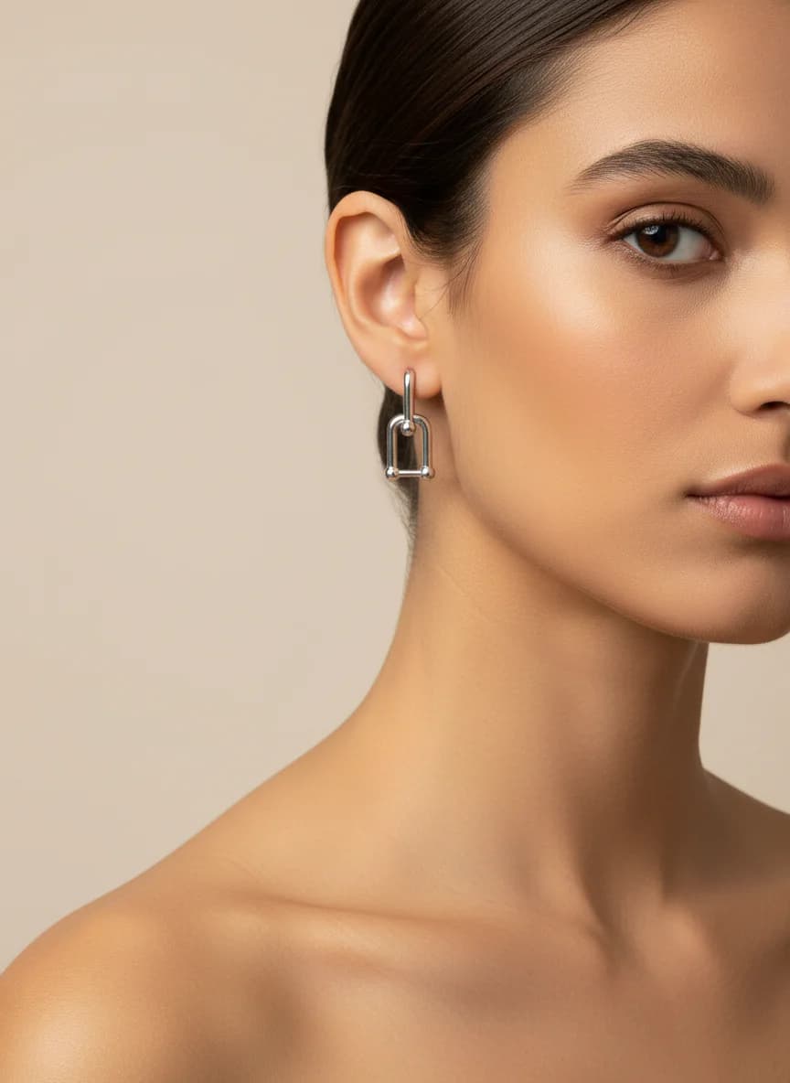 Modern U Şekilli Gümüş Renk Top Detaylı Halka Küpe