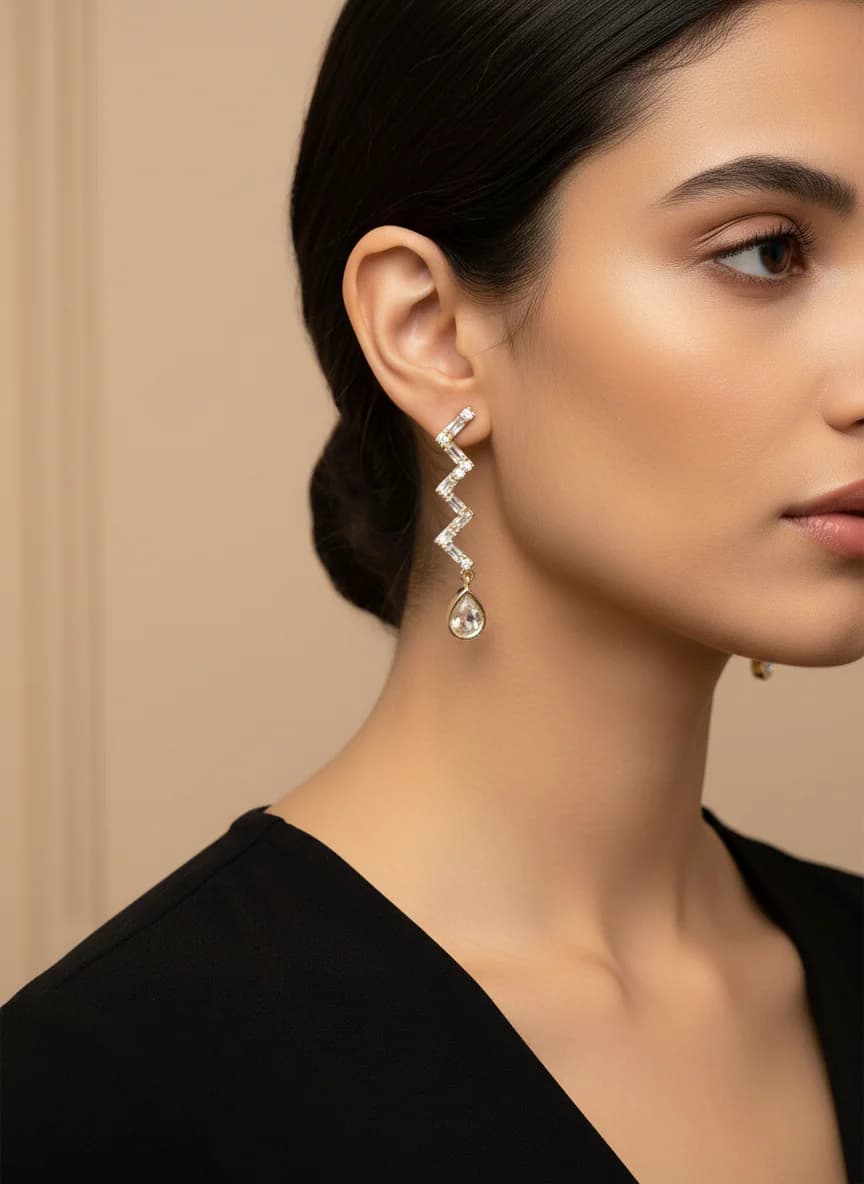 Altın Rengi Zikzak Taşlı Damla Küpe - Modern ve Zarif