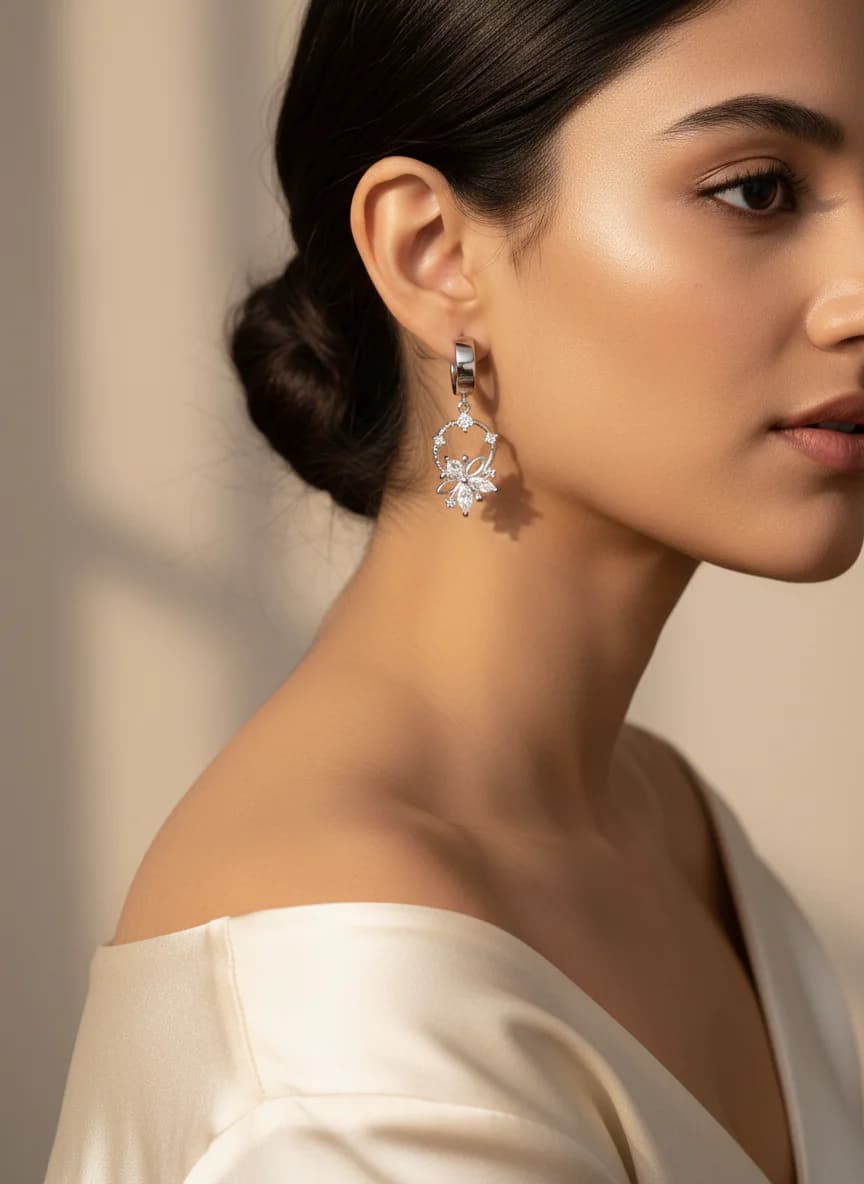 Zarif Çiçek Zirkon Taşlı Sallantılı Gümüş Renk Küpe