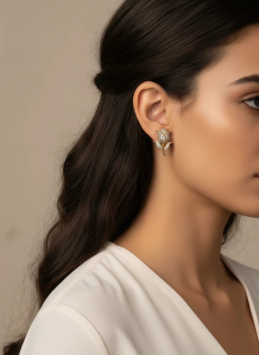 Zarif Taşlı Lale Çiçek Motifli Altın Rengi Küpe