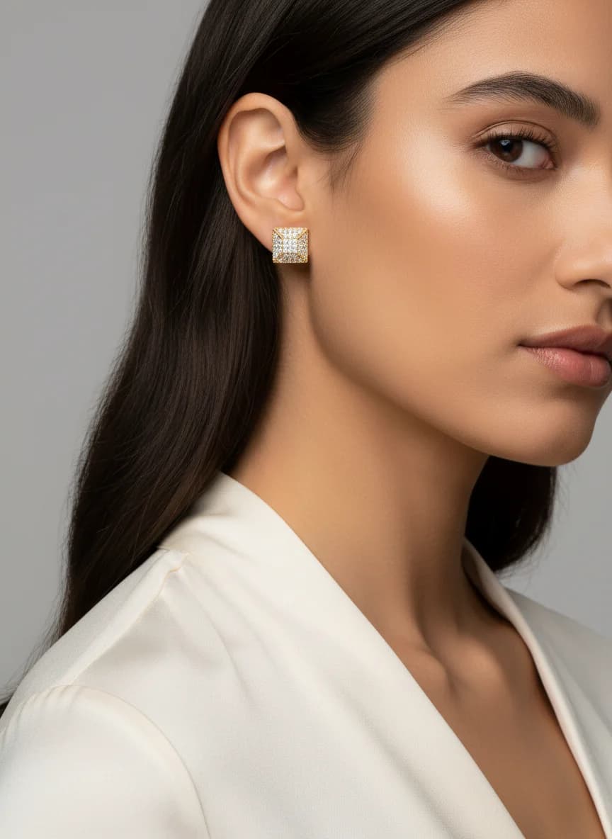 Işıltılı Kare Zirkon Taşlı Gold Stud Küpe