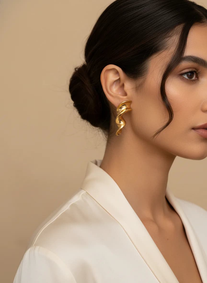 Şık Burgulu Gold Küpe | Modern Tasarım Altın Rengi Küpe