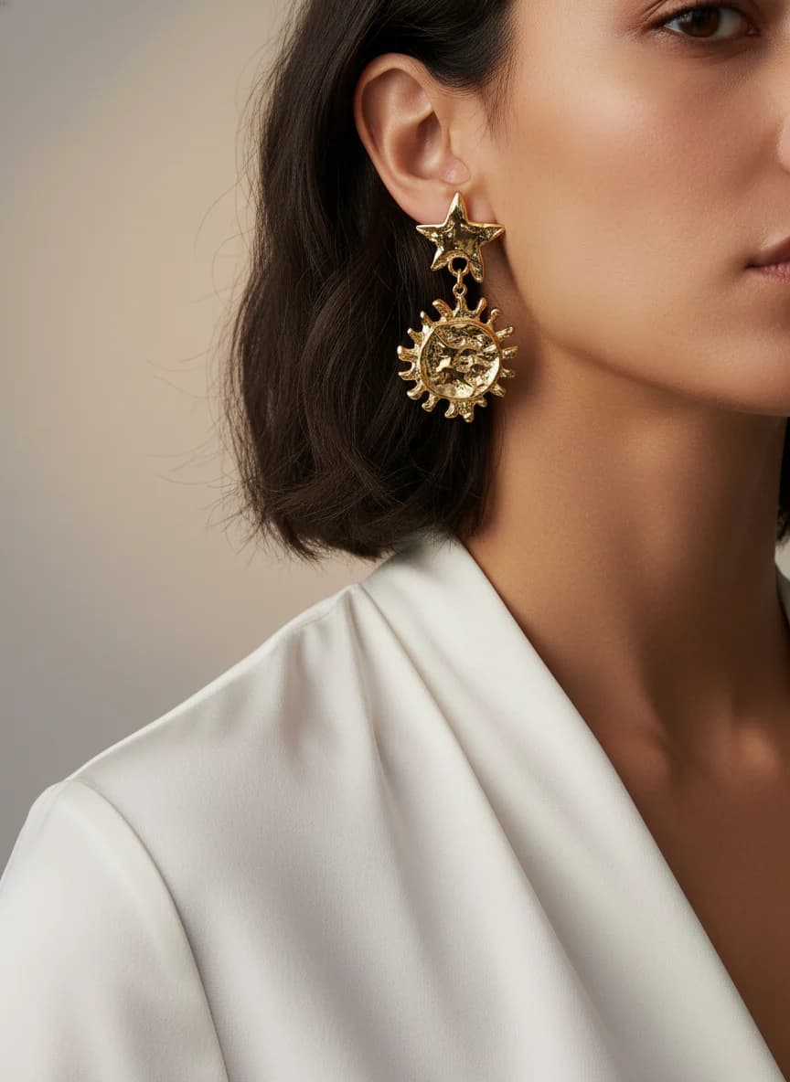 Altın Rengi Dokulu Yıldız Güneş Sallantılı Küpe