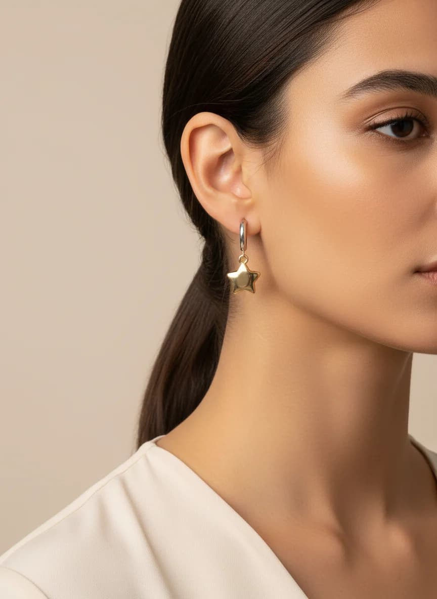 Altın Yıldız Detaylı Gümüş Tonlu Halka Küpe