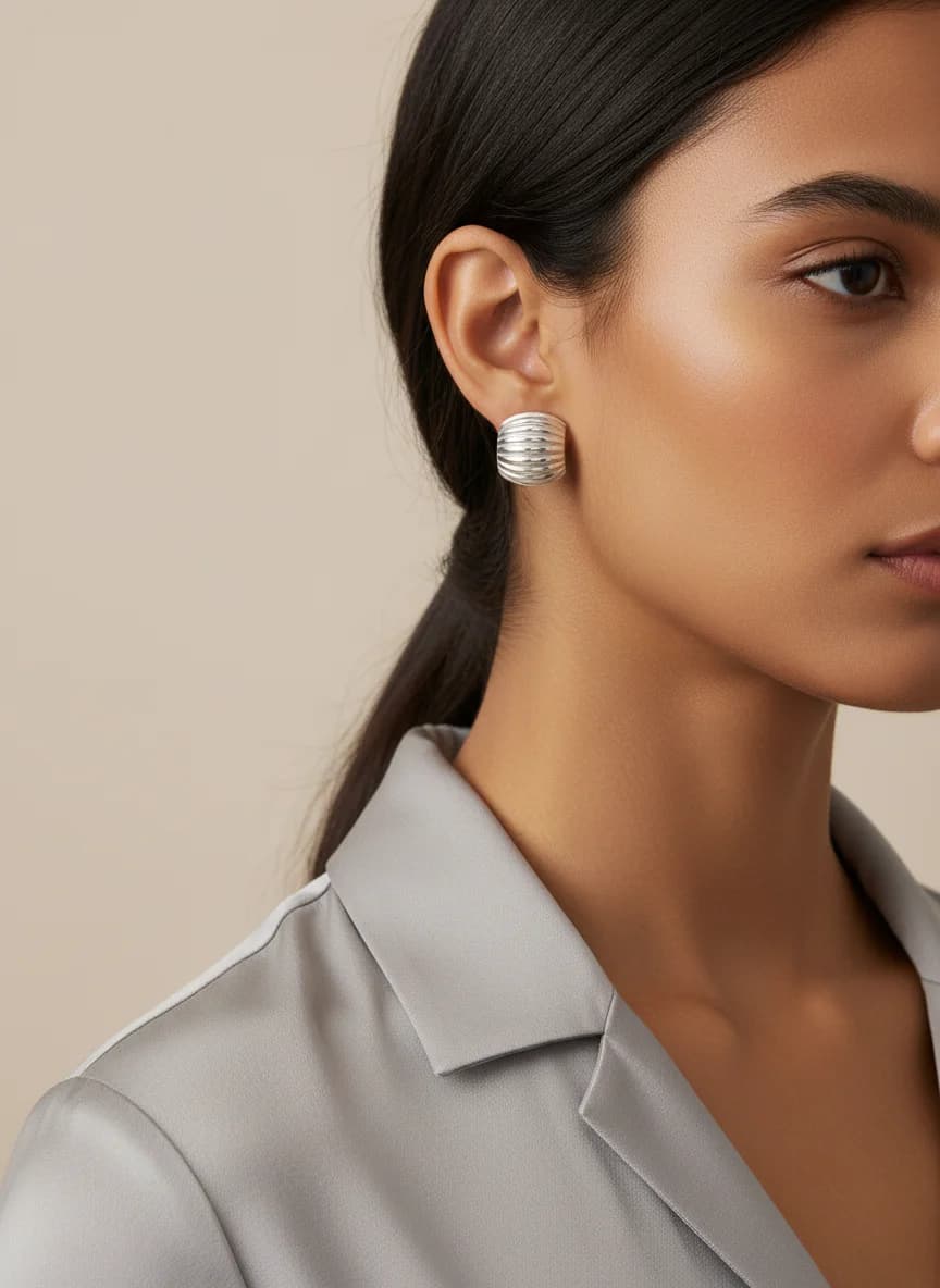 Modern Bombeli Çizgili Gümüş Rengi Şık Kadın Küpesi