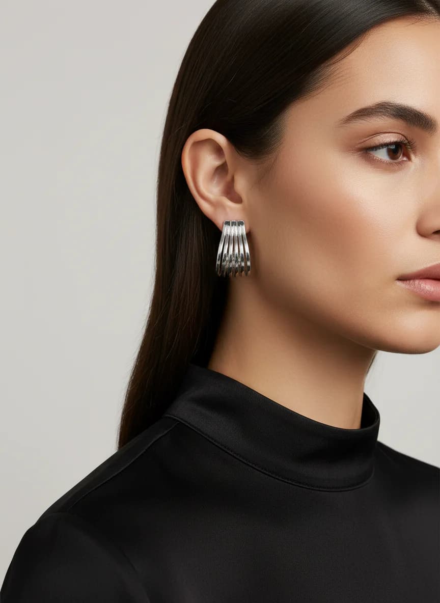 Modern Katmanlı Gümüş Renk Parlak Halka Küpe