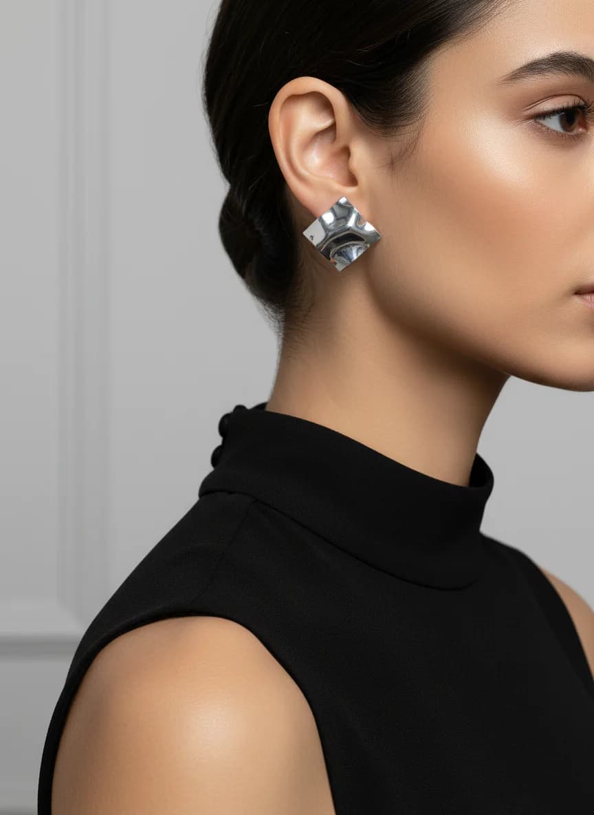 Modern Dalgalı Kare Gümüş Rengi Şık Kadın Küpe